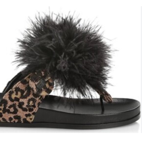 Aquazzura Shoes - Aquazzura Boudoir Feather-Trimmed Black Animal Print Thong Sandals 7.5